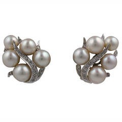 Elegant Pearl and Diamond Leaf Earclips Elegant Pearl and Diamond Leaf Earclips