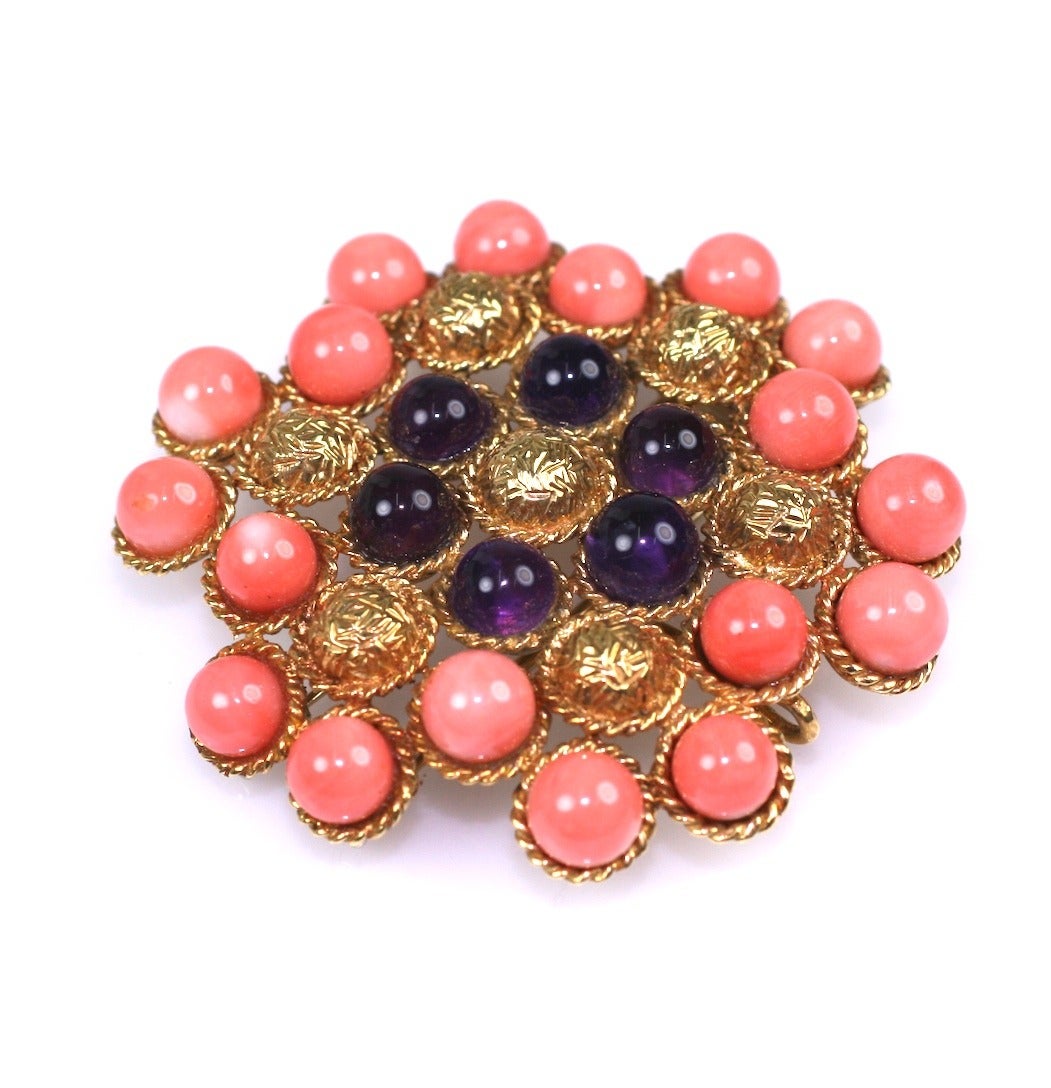 Coral Amethyst Gold Textured Clip, attributed Van Cleef