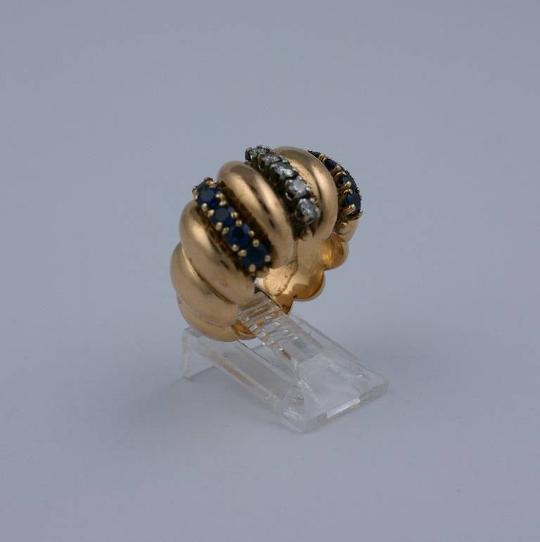 French Retro Diamond and Sapphire Cocktail Ring For Sale 1