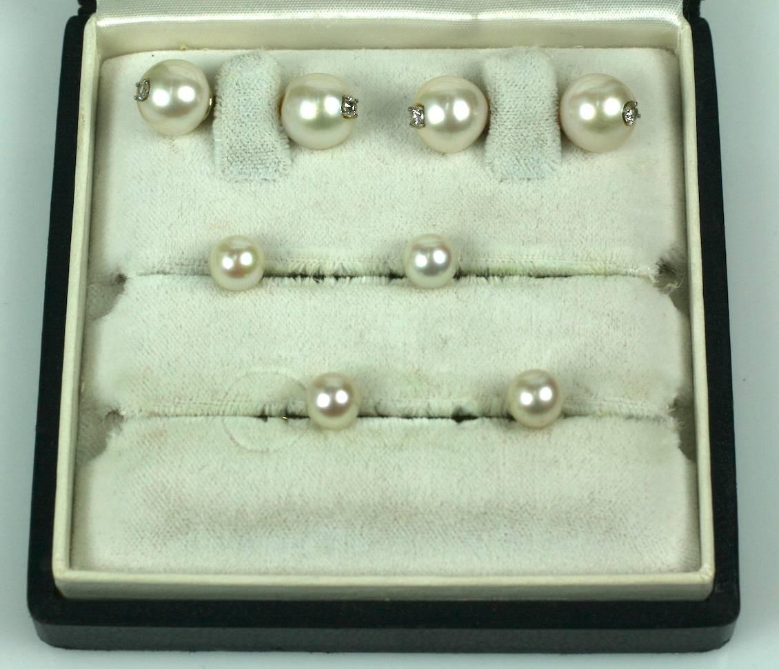Diamond Pearl Stud Set In Excellent Condition In Riverdale, NY