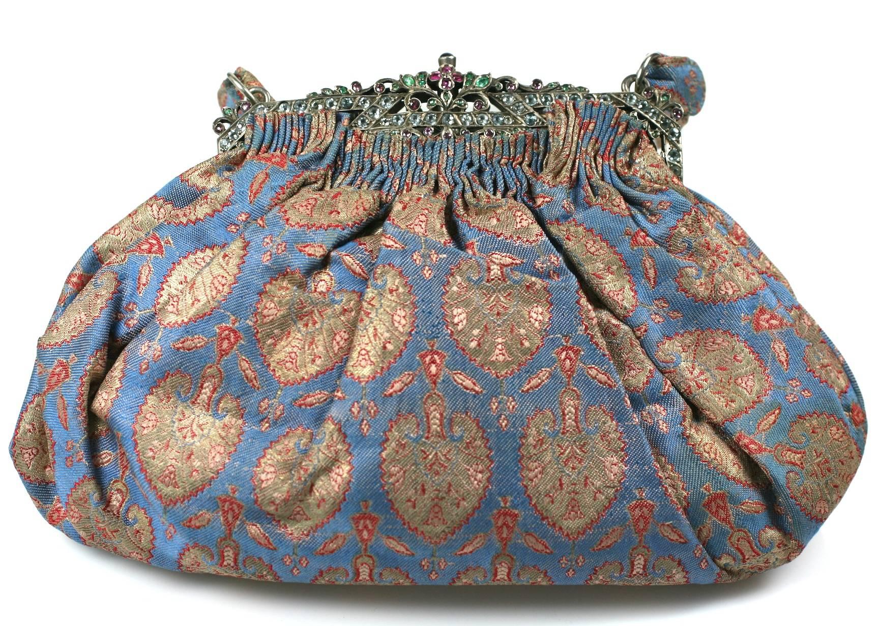 Art Deco Precious Stone Jewelled Lame Evening Bag In Excellent Condition For Sale In Riverdale, NY