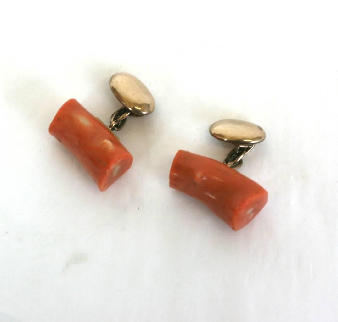 Victorian Coral Branch Cuff Links from the late 19th Century. Timeless and chic with 14k gold chain and button backs. Suitable for men or women. 
Coral measures approx .75