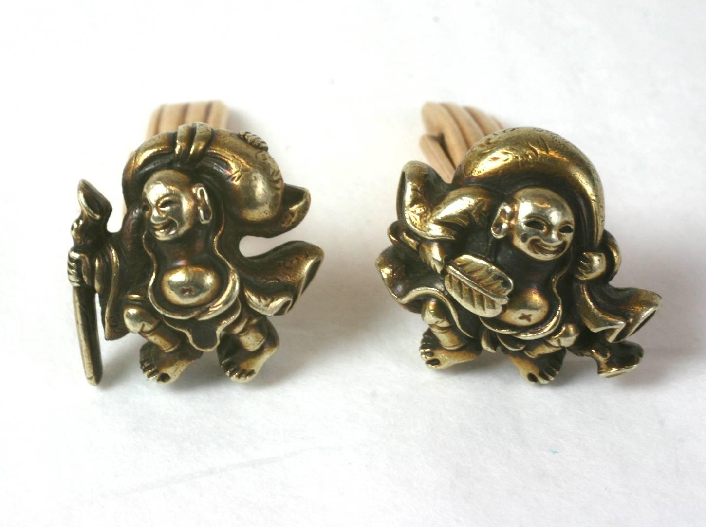 Charming 19th Japanese Shakudo figures (14K) mounted onto more modern mounts (1950's) with ribbed gold toggle backs.  Face .75