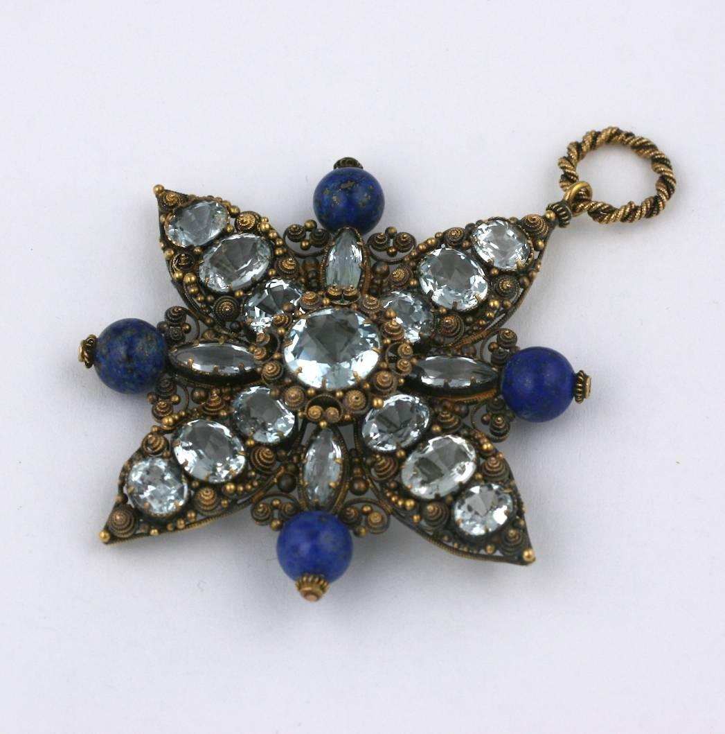 Georgian Aquamarine and Lapis Cannetille Pendant-Brooch of beautiful quality and condition. Extraordinary detailed gold work forms the surrounds for each stone. Approx. 13 carats of aquamarine ovals, navette cuts blend wonderfully with the deep