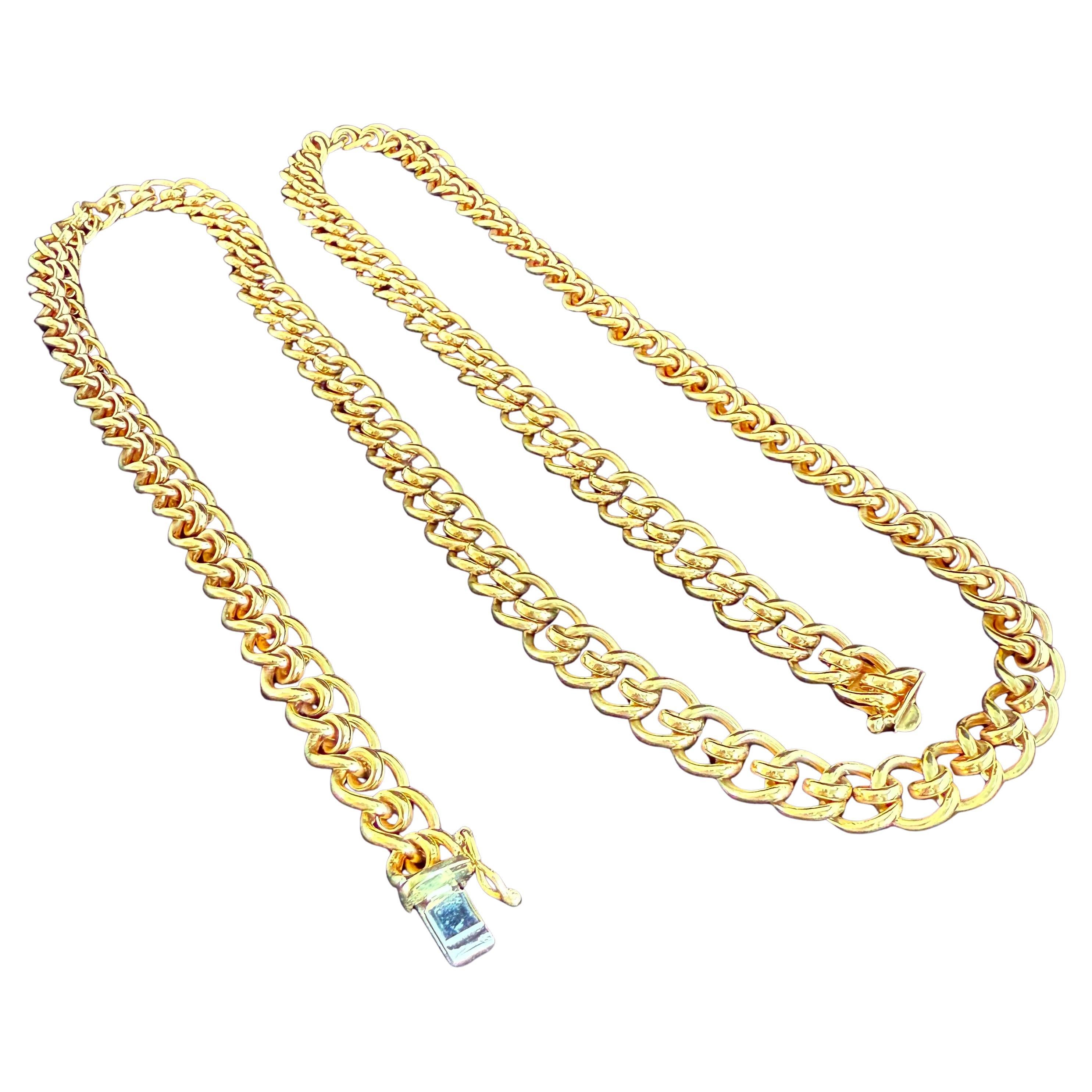 Tiffany & Co  1970's
31 Inch Long Intricate Link Necklace 
18 karat yellow gold necklace.
Weight  3.25 OZ 0r ( 100 g) 
Circa 1970 
Signed Tiffany & Co and Tiffany scratch inventory numbers. 
Nice Long Chain,  Well Cared for,  Excellent Condition and