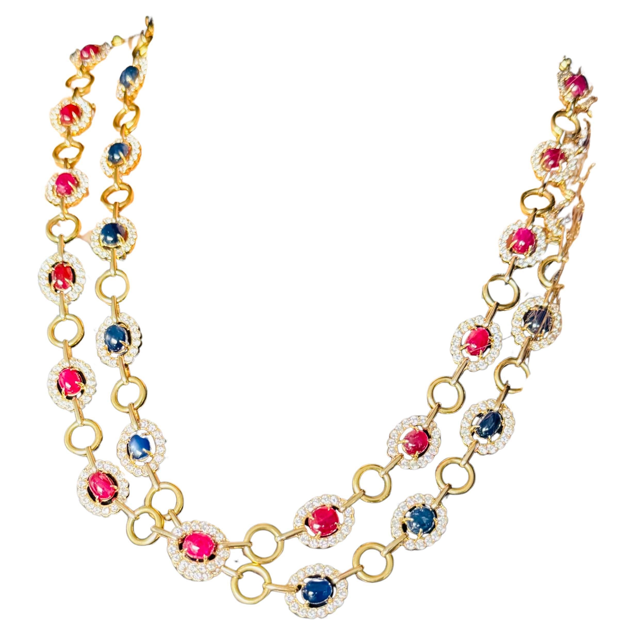 Van Cleef & Arpels, Ruby , Blue Sapphire & Diamond Sautoir with a Detachable Sapphire Bracelet.
Circa 1978.

The total length is 117 inches and can be worn with several different length combinations (see pictures).
Accompanied with an IAJA Expertise