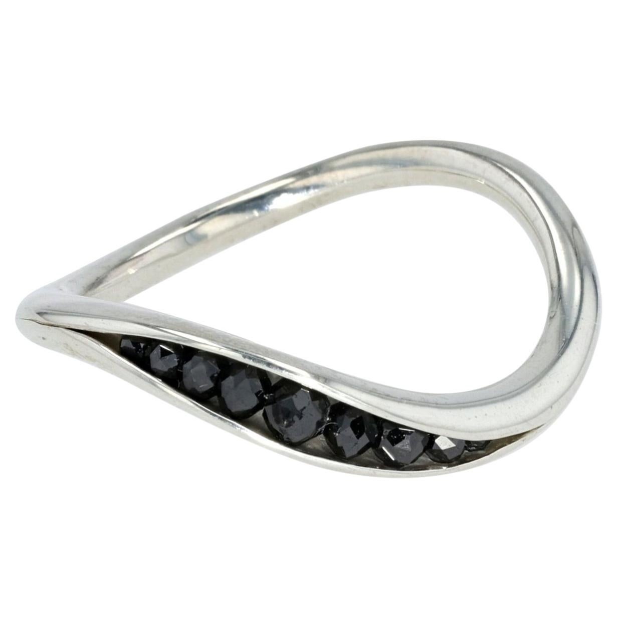 Timo Krapf Sterling Silver Wave Black Diamond Ring  Handcrafted European Luxury For Sale