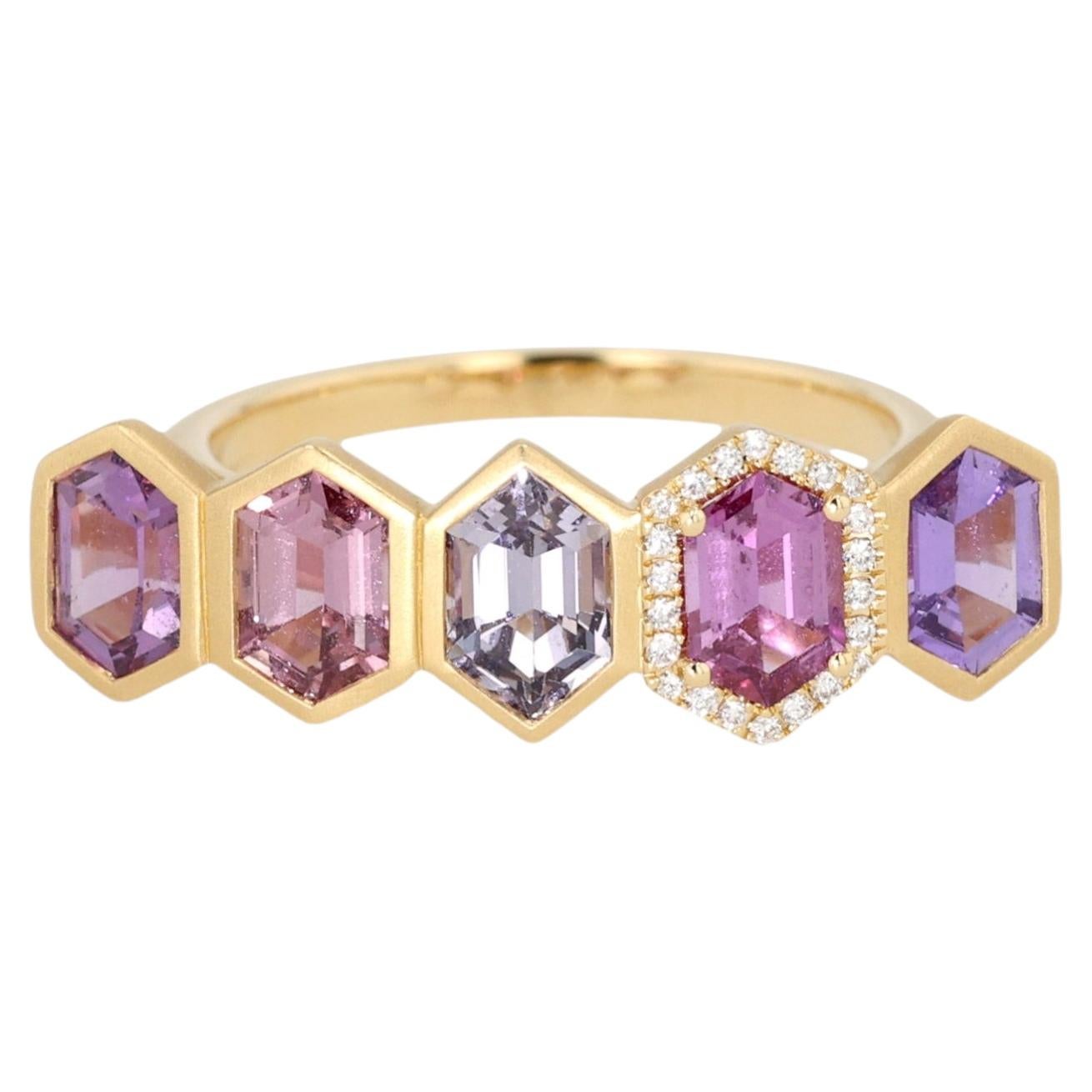 Kimberly Collins 18K Yellow Gold Pink & Purple Spinel Five-Stone Diamond Ring For Sale