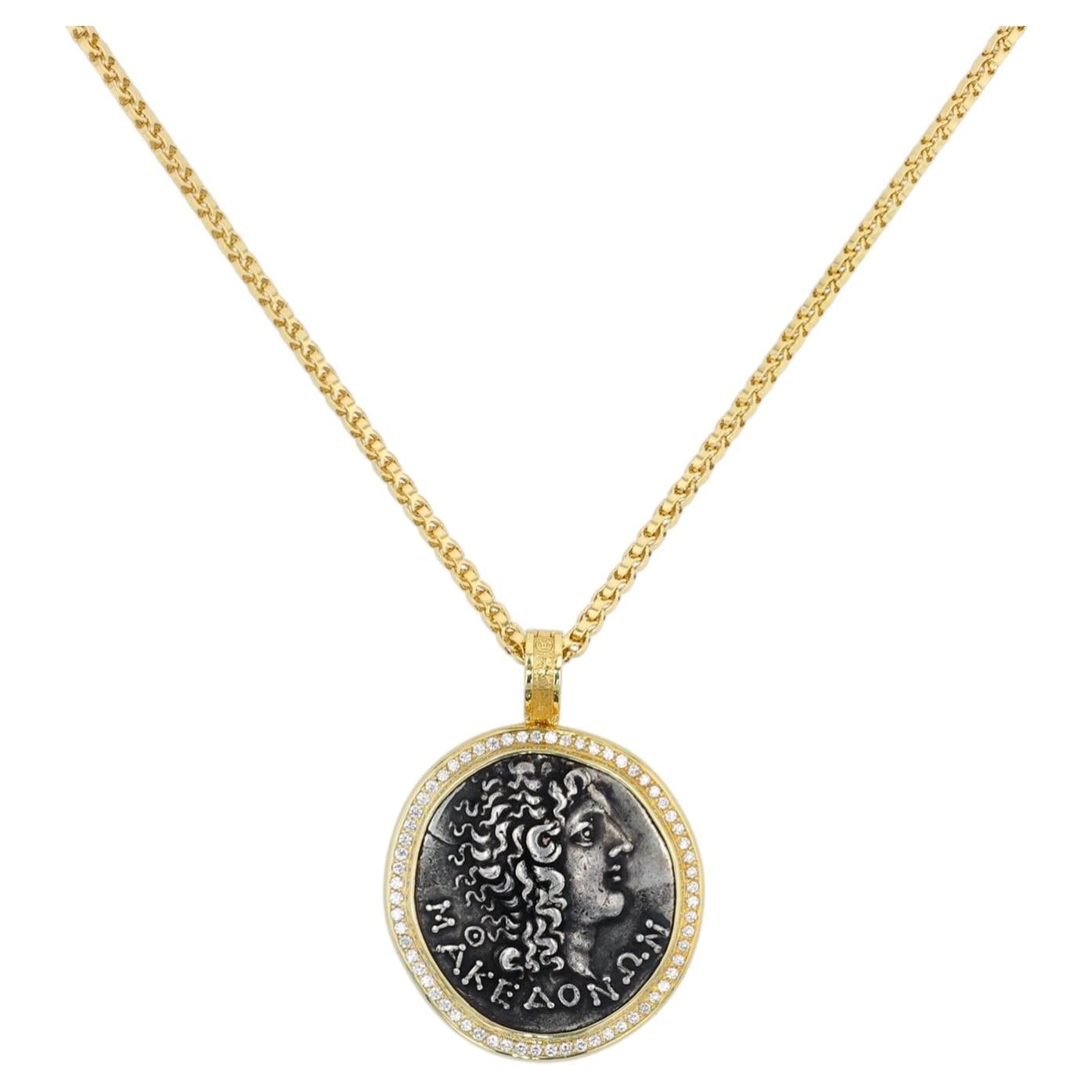 Pre-owned Jorge Adeler 18k Yellow Gold Alexander The Great Ancient Coin & Diamond Pendant
