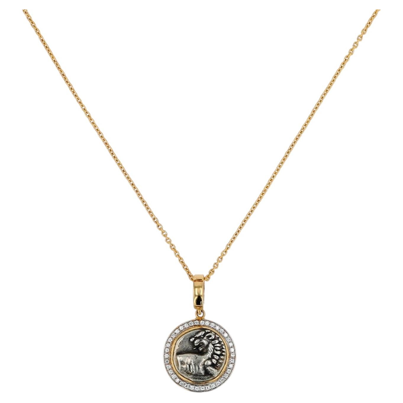 Pre-owned Jorge Adeler 18k Yellow Gold Ancient Authentic Lion Coin & Diamond Pendant