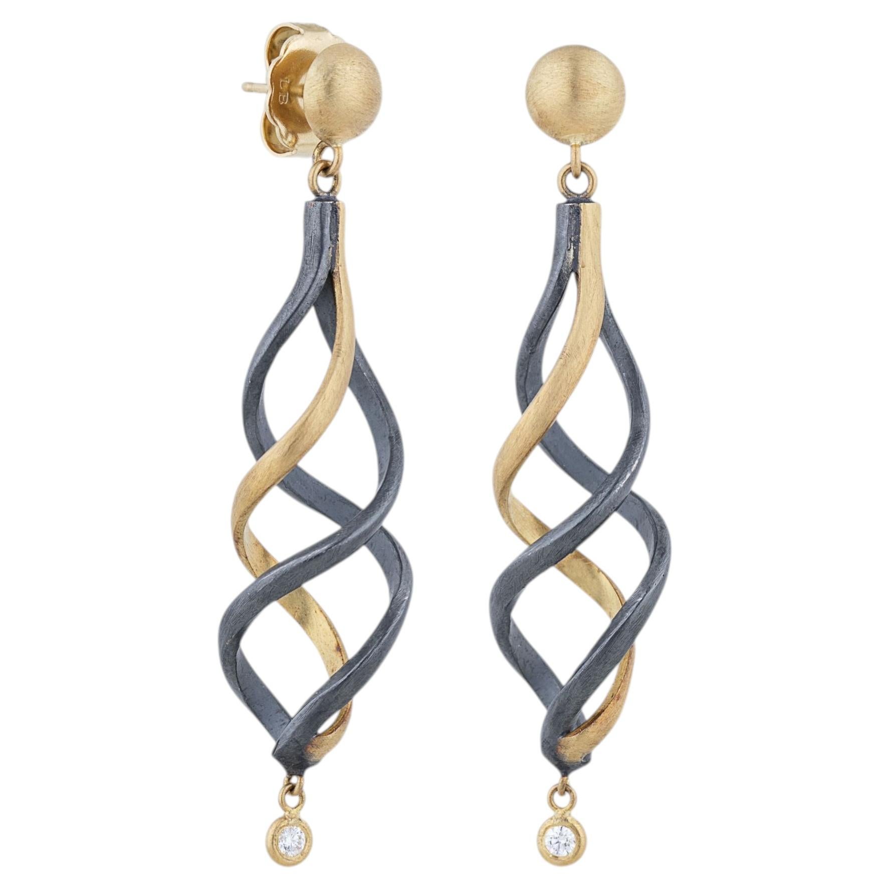 Lika Behar 22K Yellow Gold & Oxidized Silver “Twirl” Earrings  0.08ctw Diamond For Sale