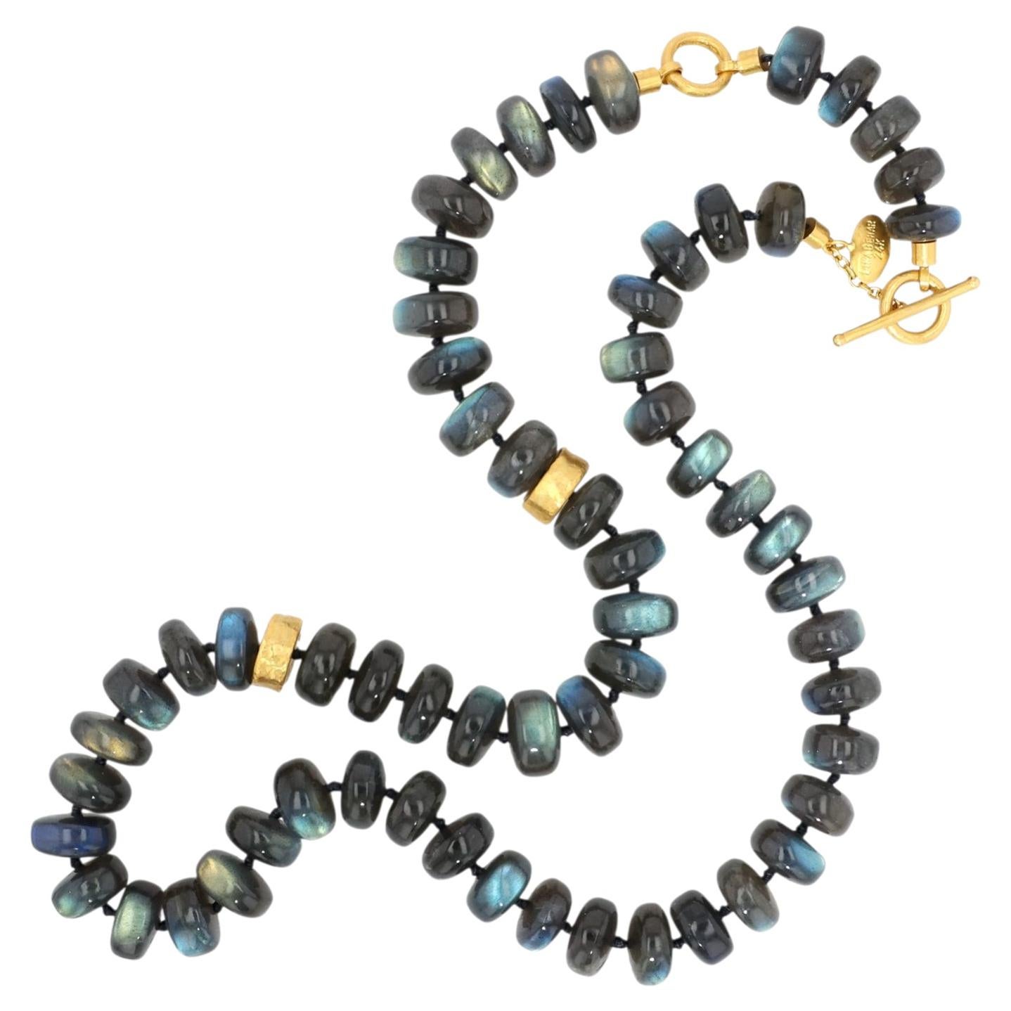 Lika Behar 24K Yellow Gold Cabochon Labradorite Bead Necklace For Sale