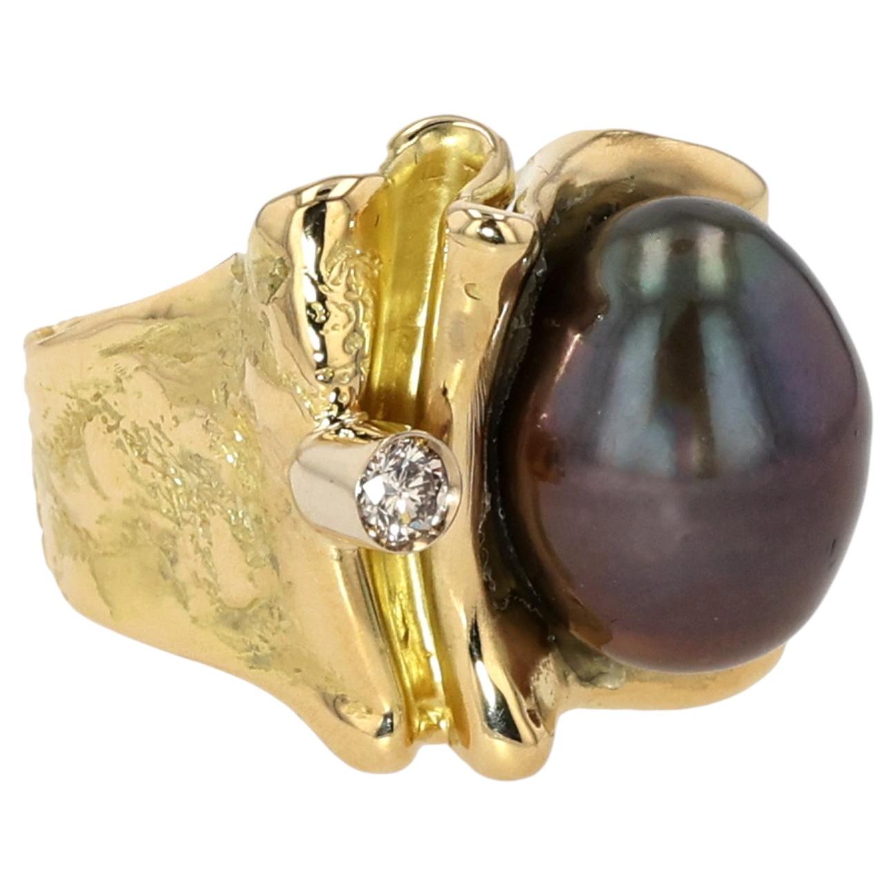 Misani 18K Yellow Gold Tahitian Pearl & Diamond Ring  Luxury Designer Pearl