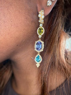 18K Yellow Gold Canary Tourmaline, Lavender Tanzanite, Blue Zircon & Diamond Dro
