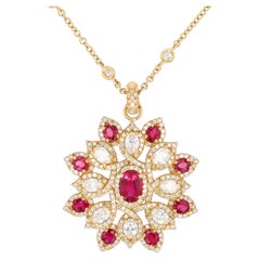18K Yellow Gold Ruby & Diamond Flower Pendant Necklace by Erica Courtney