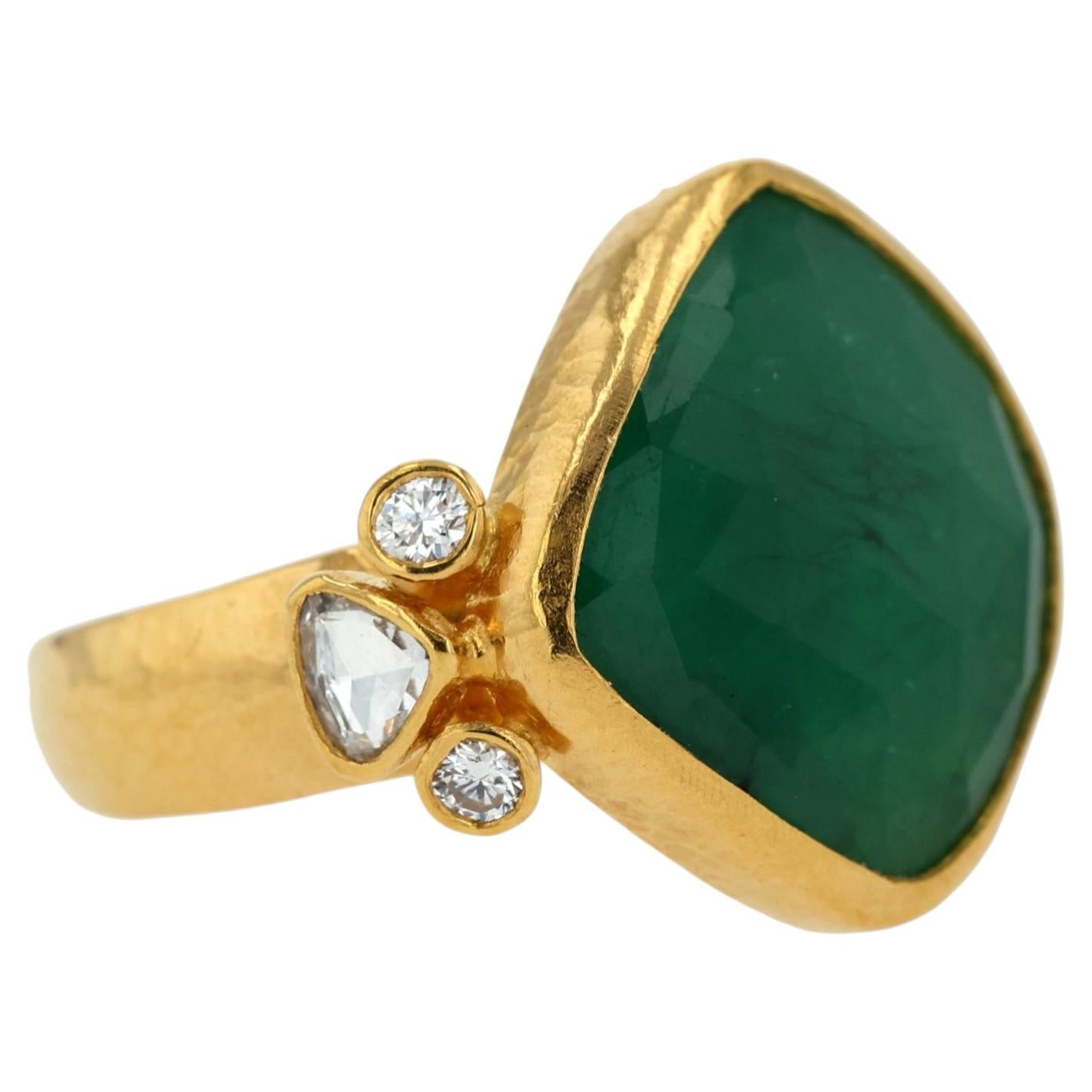 Pre-owned Gurhan 24k Yellow Gold Rose Cut Emerald & Diamond Ring � Luxury Fine Jewelry