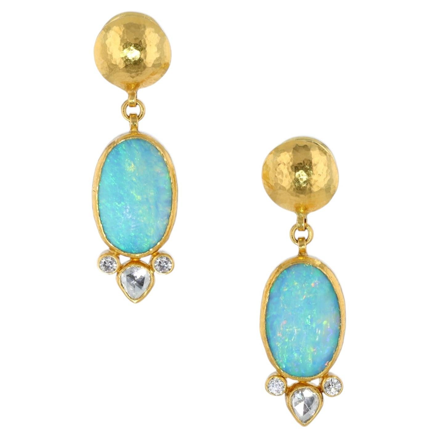 Pre-owned Gurhan 24k Yellow Gold Australian Opal & Diamond Earrings � Luxury Jewelry