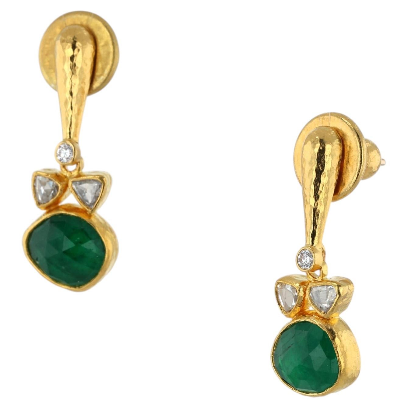 Pre-owned Gurhan 24k Yellow Gold Rose Cut Emerald & Diamond Drop Earrings � Luxury Jewelry