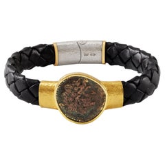 Jorge Adeler 18K Gold Black Leather Alexander the Great Coin Bracelet