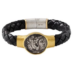 Jorge Adeler 18K Yellow Gold Alexander the Great Coin Leather Bracelet