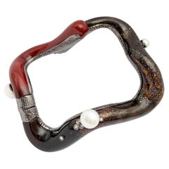 Bracciale rigido Lotus Arts de Vivre in argento sterling con perle e diamanti, finitura giapponese Maki-E