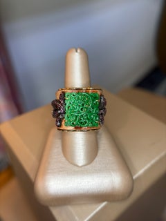 Lotus Arts de Vivre One-of-a-Kind Carved Burmese Jade Bamboo Ring with Pink Tour