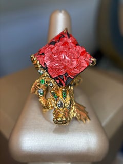 Lotus Arts de Vivre 9K Yellow Gold Hand-Carved Red Lacquer Dragon Ring