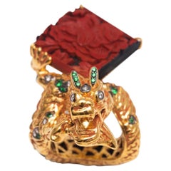 Lotus Arts de Vivre 9K Yellow Gold Hand-Carved Red Lacquer Dragon Ring