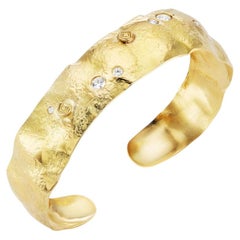 Misani 18K Yellow Gold Wide Hammered Cuff Bracelet with Six Diamonds