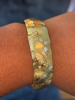 Misani 18K Yellow Gold Wide Hammered Cuff Bracelet with Six Diamonds