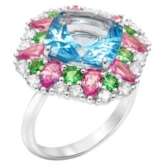 Anillo de Sofragem de oro blanco de 18 quilates con topacio azul, zafiros rosas, tsavoritas y diamantes