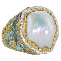 Victor Velyan 24K and 18K Yellow Gold, Silver, Pearl and Diamond Ring with Green