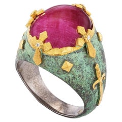 Victor Velyan 24K Yellow Gold and Silver Cabochon Ruby and Diamond Ring
