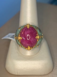 Victor Velyan 24K Yellow Gold and Silver Cabochon Ruby and Diamond Ring