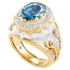 Victor Velyan 18K Yellow Gold Blue Zircon and Diamond Ring – Contemporary Design
