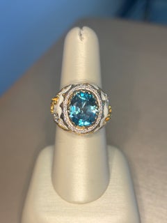 Victor Velyan 18K Yellow Gold Blue Zircon and Diamond Ring – Contemporary Design