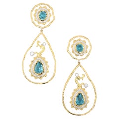 Victor Velyan 18K Yellow Gold and Silver Blue Zircon Diamond Earrings