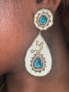 Victor Velyan 18K Yellow Gold and Silver Blue Zircon Diamond Earrings
