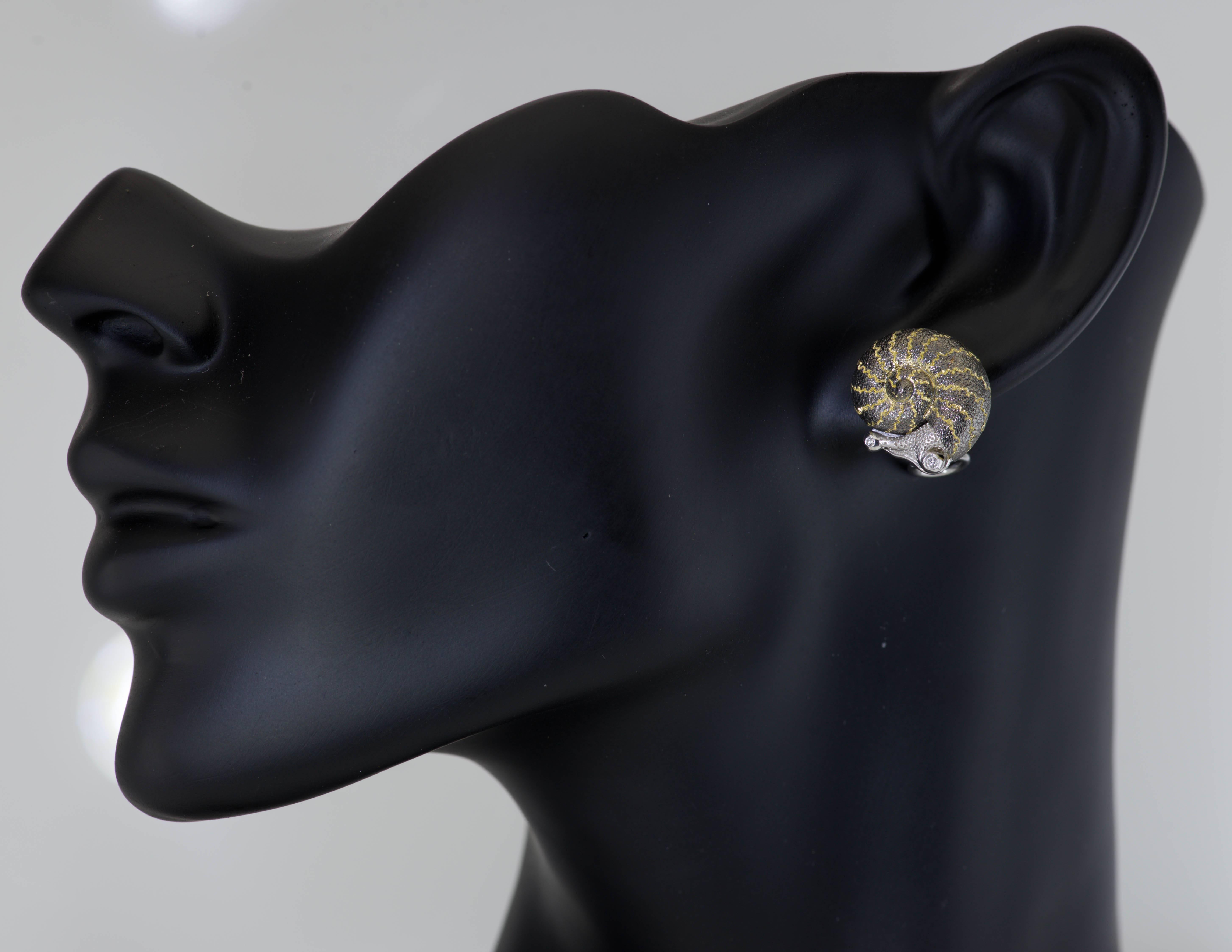 Women's Signature Gold Snail Earrings w Diamonds & Signature Metalwork by Alex Soldier