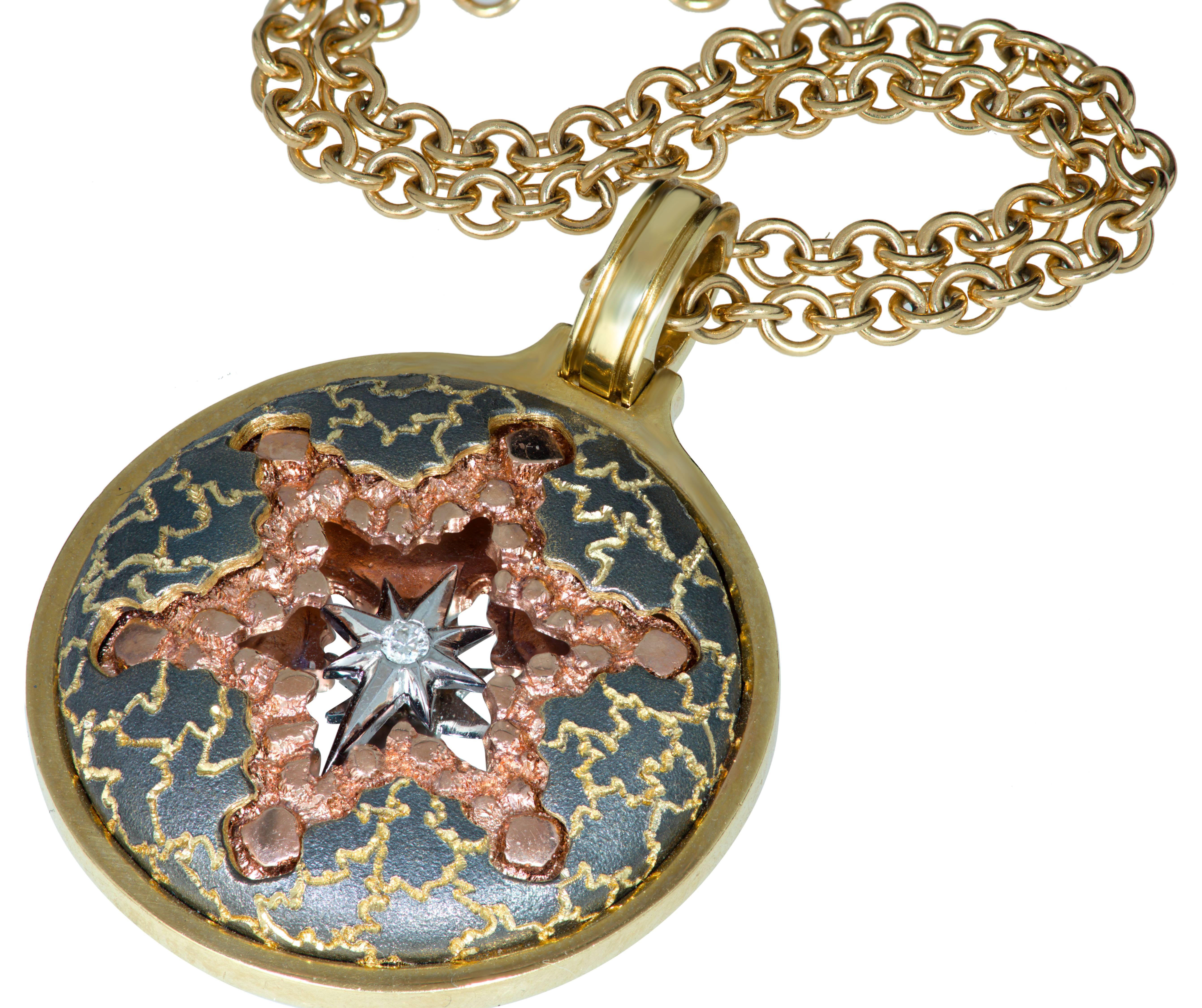 Alex Soldier Diamond Gold Star pendant in 18 karat white, yellow and rose gold features a special mirror effect to enhance multi-dimensional appeal. The composition is further enhanced with final touches of fine texturing, hand-applied in several