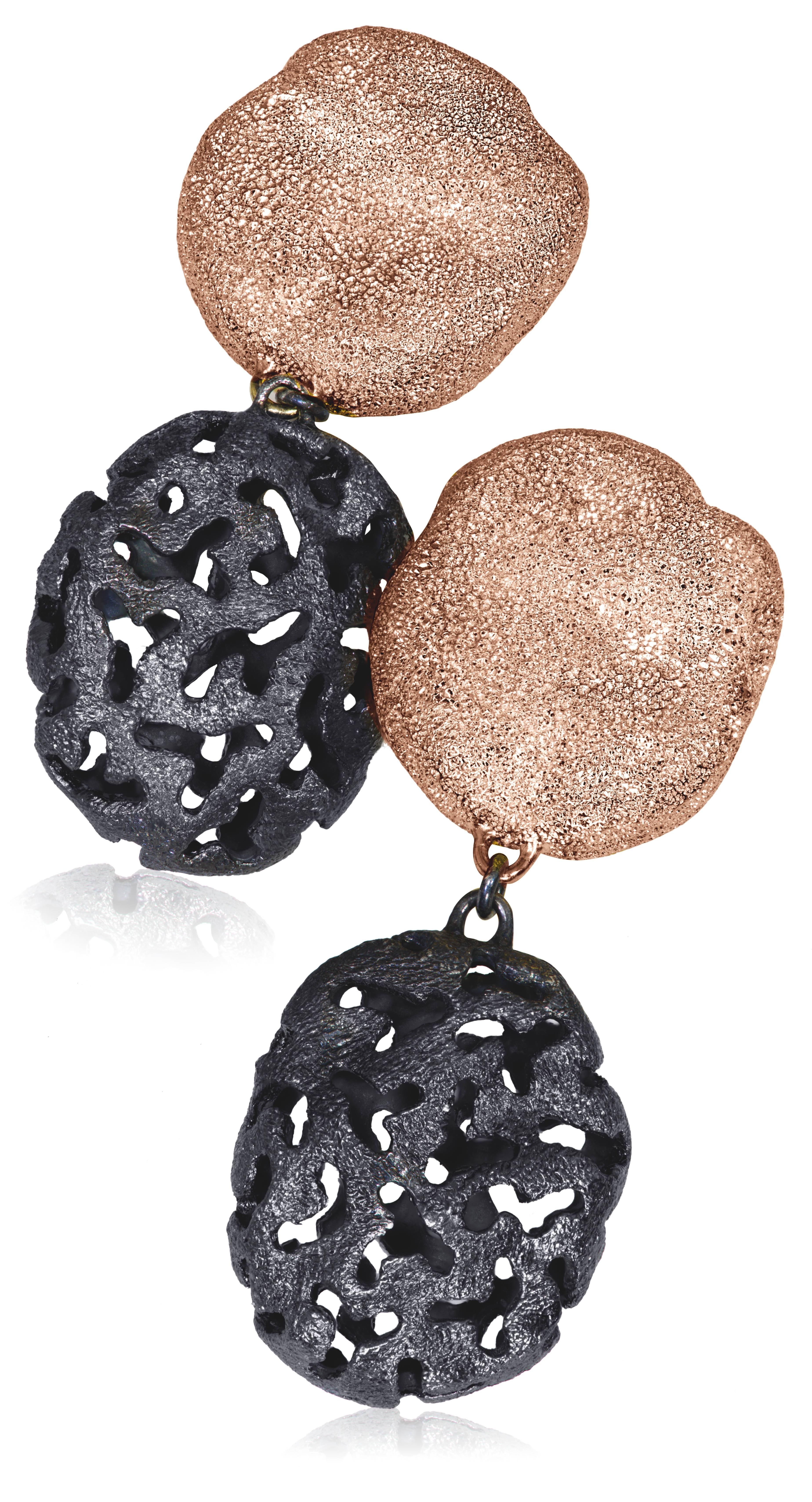 Alex Soldier Moneta Earrings made in silver with 18k rose gold and dark platinum (rhodium) infusion (deep plating) and signature metalwork that creates an illusion of a diamond inlay. Handmade in NYC.  

About The Artist: Known for his elaborate