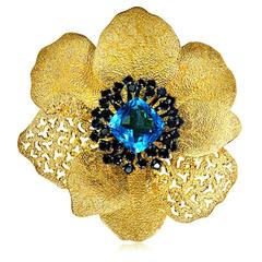 Alex Soldier Blue Topaz Black Spinel Silver Gold Textured Brooch Pendant Ltd Ed