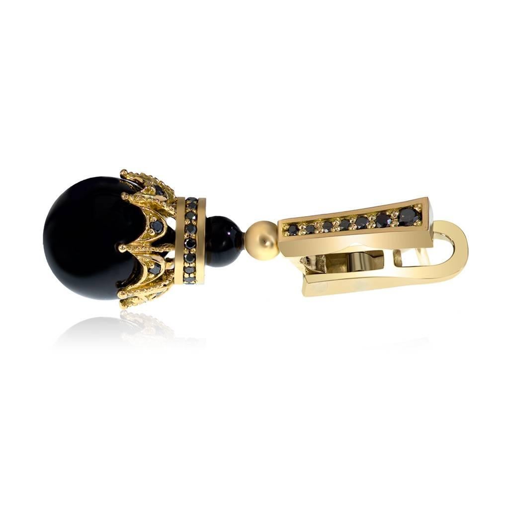 Women's Black Diamonds Black Onyx Yellow Gold Crown Earrings Handmade in NYC Ltd Ed