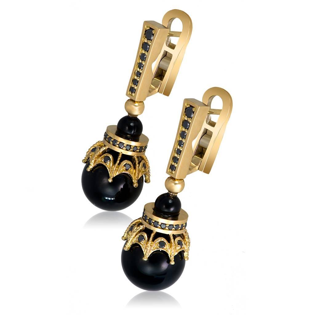 Alex Soldier Crown Drop Dangle Earrings in 18 karat yellow gold with 4 carats of black onyx and 0.5 carats of black diamonds. Handmade in NYC. Limited Edition. 