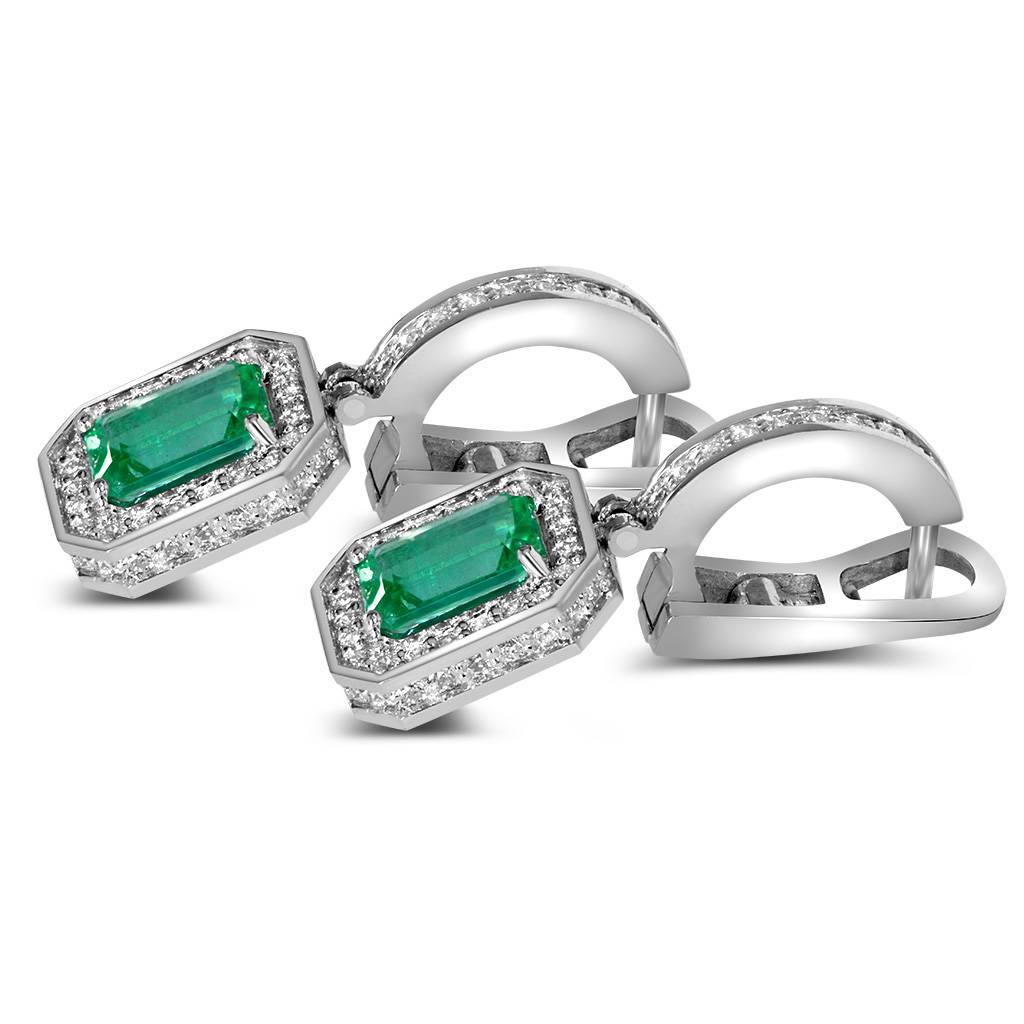 Alex Soldier Emerald Diamond Drop Dangle White Gold Earrings One of a kind In New Condition In New York, NY