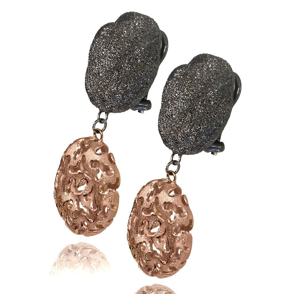 Alex Soldier Moneta Earrings made in silver with 18k rose gold and dark platinum (rhodium) infusion (deep plating) and signature metalwork that creates an illusion of a diamond inlay. Handmade in NYC. Please keep away from water, lotion and perfume