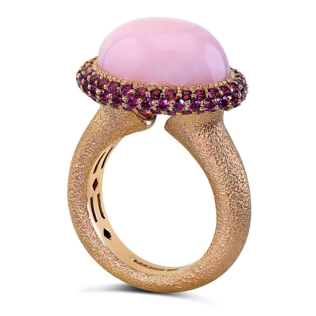 Alex Soldier Pink Opal Rhodolite Garnet Textured Rose Gold Ring One of a kind In New Condition In New York, NY