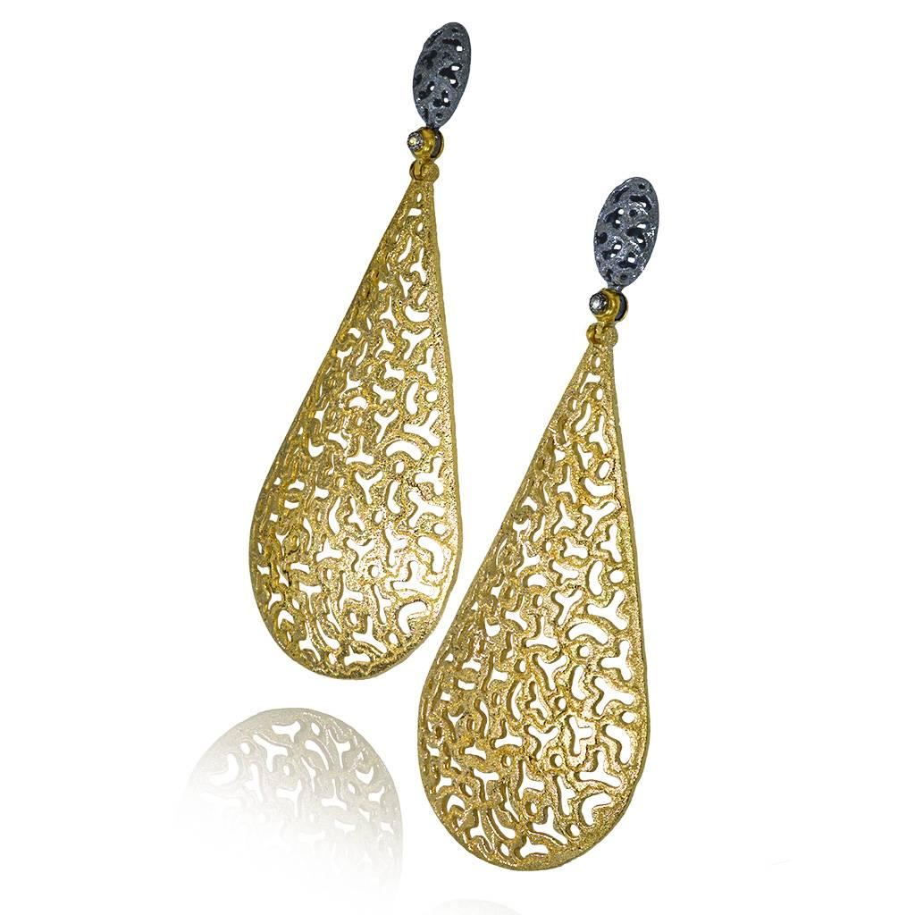 Alex Soldier Drop Dangle Earrings made in silver infused (deep plating) with 24 karat yellow gold and dark platinum (rhodium) with white topaz accents (0.02 ct) and signature metalwork that creates an effect of inner sparkle. Special open work