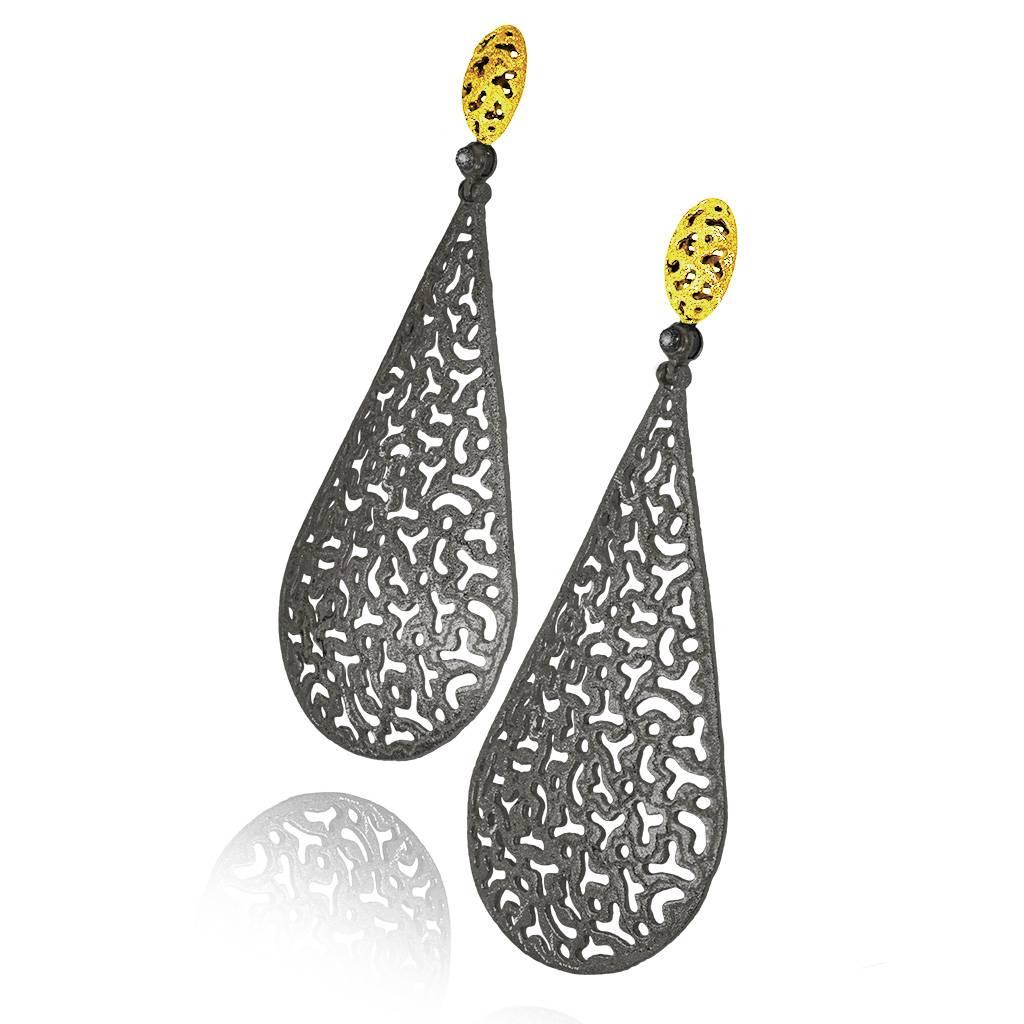 Alex Soldier Drop Dangle Earrings made in silver infused (deep plating) with 24 karat yellow gold and dark platinum (rhodium) with white topaz accents (0.02 ct) and signature metalwork that creates an effect of inner sparkle. Special open work