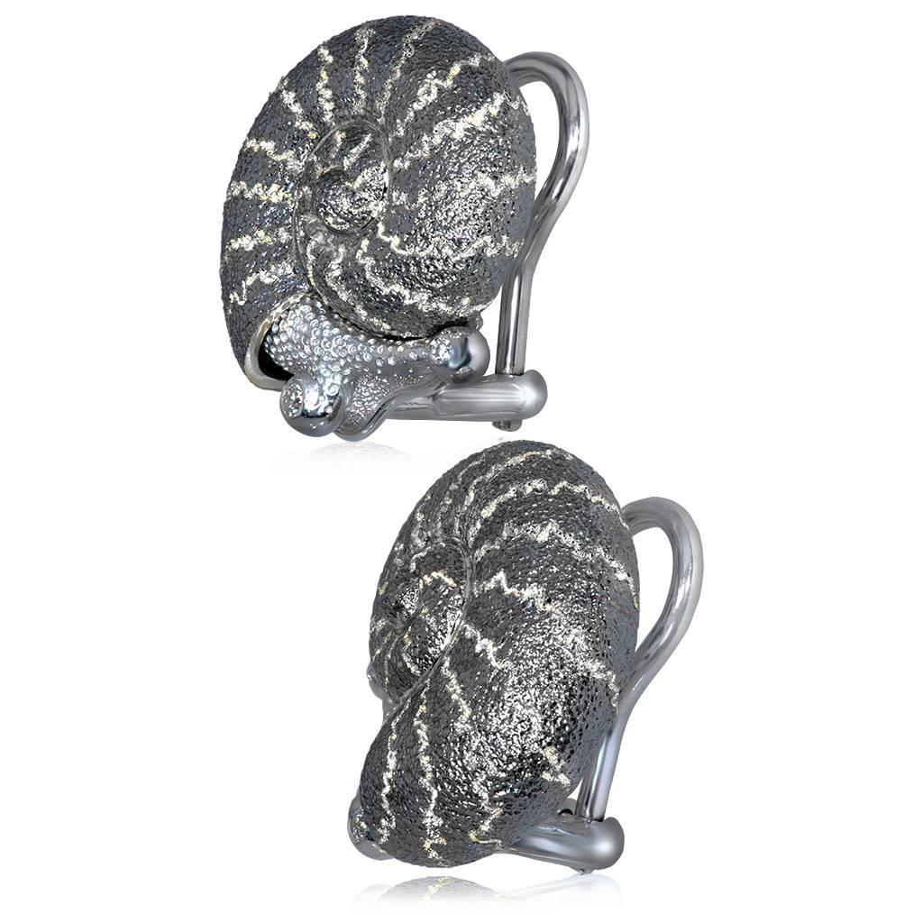 Women's Diamond & Black Silver Textured Snail Earrings by Alex Soldier. Handmade in NYC.